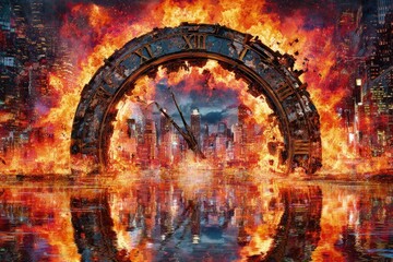Burning Clock Tower Over Futuristic City