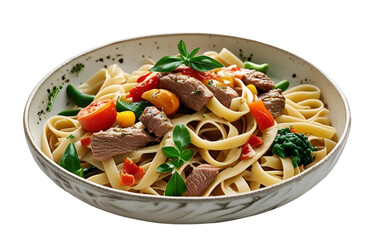 Pasta with meat and vegetables on white background