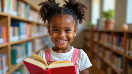 Radiant African-American schoolgirl smiling brightly among library bookshelves. Joyful portrait celebrating Black girl magic and early educational enthusiasm