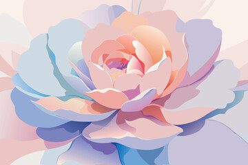 Stylized vector illustration of a blooming rose with delicate petals in soft pink, blue, and peach pastel colors.