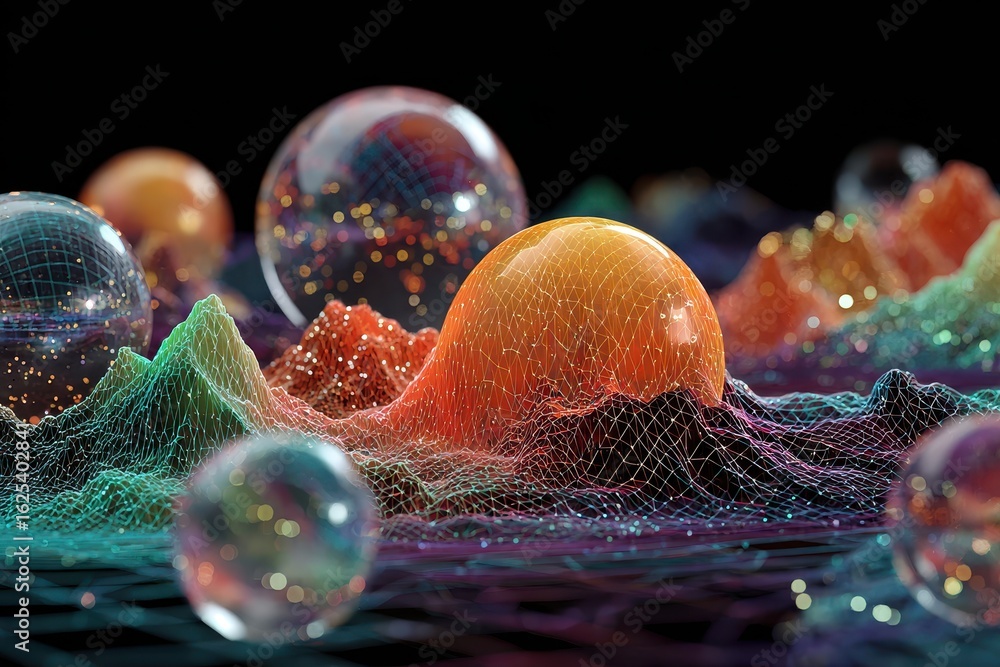 Poster abstract spheres composition featuring floating planets and golden wireframe orbited objects