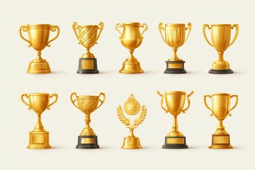 Different golden trophies set for winning championship, celebration, and best award