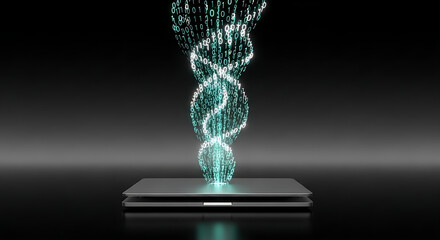 Binary dna code flowing from laptop screen on a dark background with a reflective surface