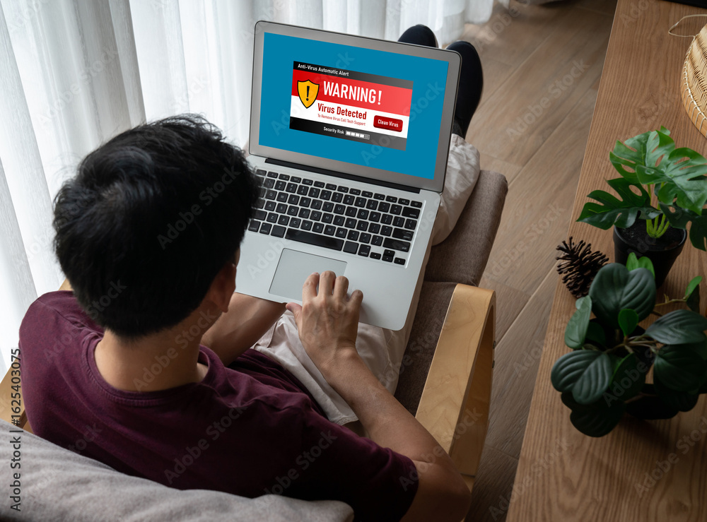 Aufkleber virus warning alert on computer screen detected modish cyber threat , hacker, computer virus and mal