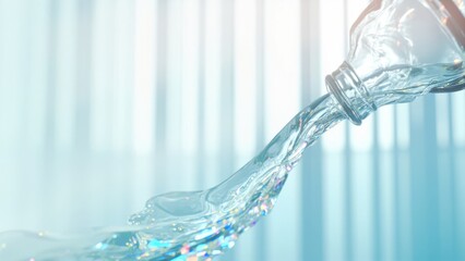 Clear liquid pouring from bottle. Flow, freshness, and hydration.