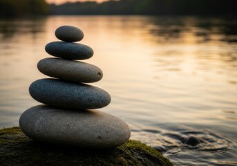 A Tower of Balanced Stones (Cairn) on a Riverbank at Sunset - Selective Focus