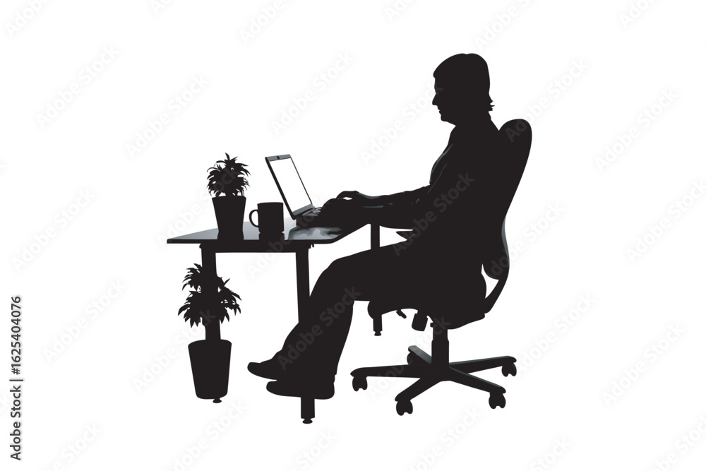 Poster silhouette of a person sitting at a desk working on a laptop computer with plants on the desk and a 