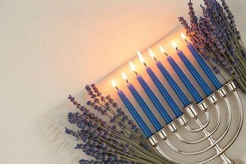 Festive Hanukkah-themed artwork featuring glowing candles above text and decorative leaves, symbolizing Jewish traditions, celebrations, and seasonal design elements – Generative AI.
