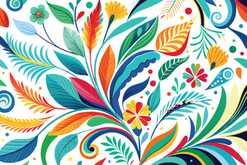 Vibrant abstract floral pattern with swirling leaves and flowers on a black background