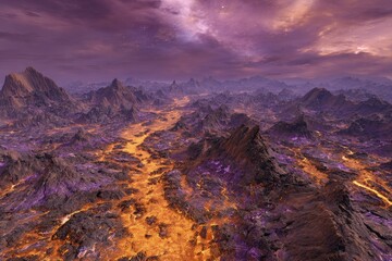 Alien Landscape With Glowing Lava River And Purple Crystals