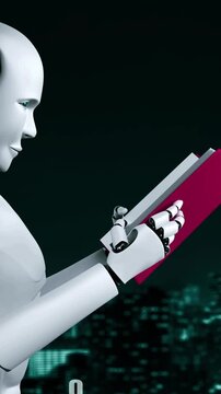 Futuristic robot artificial intelligence huminoid AI programming coding technology development and machine learning concept. Robotic bionic science research for future of human life. 3D rendering.