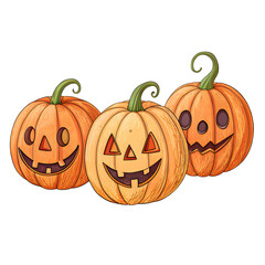 Spooky Halloween Pumpkins with Classic Carved Faces for Festive Decoration on transparent background 