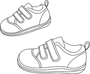Stylish children's sneakers, velcro strap shoes, black and white outline, comfortable footwear, durable design, active kids wear, vector sketch, printable art