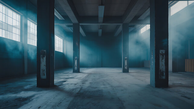 Empty industrial space, dimly lit, with large pillars and windows.
