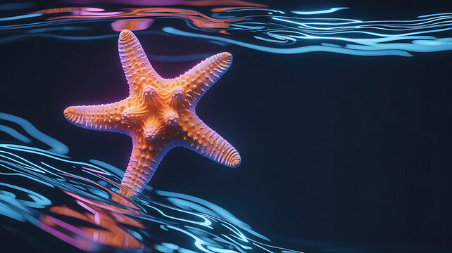 Orange starfish floats in vibrant blue and pink water.

