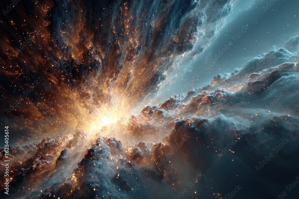 Poster cosmic explosion of star light with clouds and particles generating nebula effect, showing galaxy an