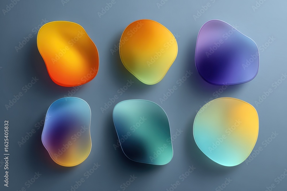 Poster iridescent liquid blobs in various organic shapes displaying rainbow colors in a digitally rendered 