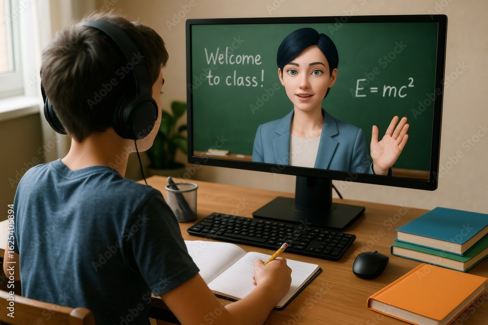 Poster boy wearing headphones attending online class with ai teacher using computer for virtual learning an