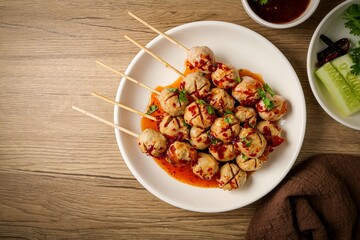 Thai Grilled meatballs with dipping  sauce in white plate