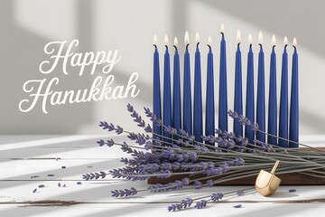 Festive Hanukkah-themed artwork featuring glowing candles above text and decorative leaves, symbolizing Jewish traditions, celebrations, and seasonal design elements – Generative AI.
