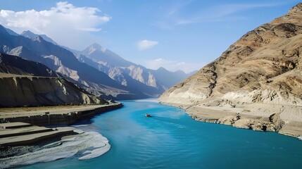Scenic view of the Indus River, a historic waterway flowing through Pakistan and India, featuring calm waters, fertile riverbanks, traditional boats, rural villages, and lush vegetation