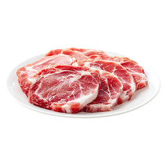 Close up of several raw pork chops neatly arranged on a white plate in a studio shot