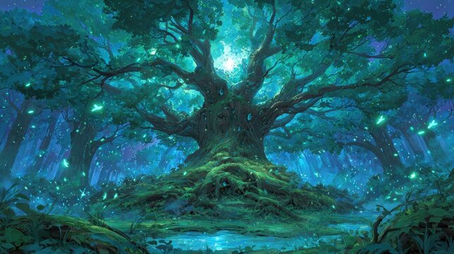 Mystical Glowing Tree In Pixelized Forest