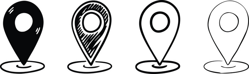 Four hand drawn location pin icons in different styles