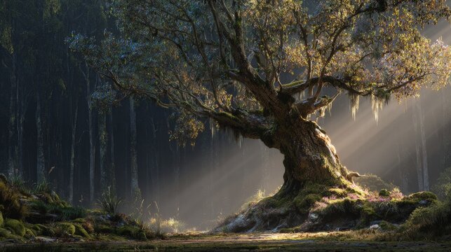 Magical Glowing Tree In Forest With Sunlight