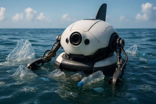 Futuristic robot collecting plastic garbage in the ocean, fighting pollution and cleaning the water