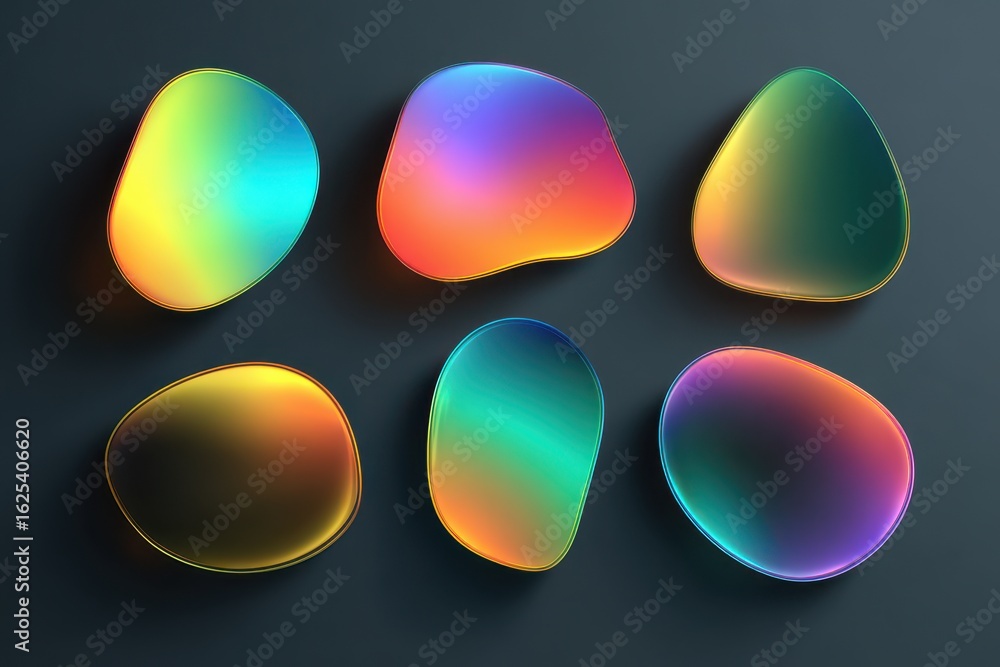 Poster iridescent liquid blobs in various organic shapes displaying rainbow colors in a digitally rendered 