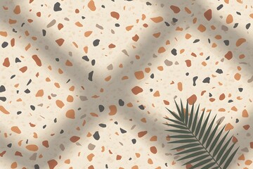 Minimal terrazzo stone surface with soft natural light shadows and tropical plant elements, ideal for design backgrounds, interior styles, and modern decorative patterns – Generative AI.
