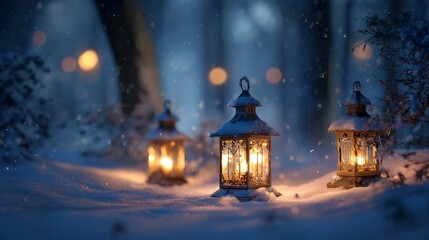 Fototapeta premium Enchanting Three Lanterns in Snowy Forest at Night Illumination