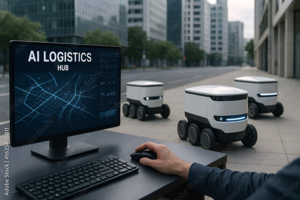 Aufkleber engineer using computer to control self driving delivery robots on a city street, showcasing artific