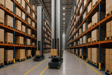 Automated guided vehicles transporting cardboard boxes between shelves in a modern automated warehouse
