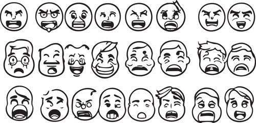 A vector illustration set of funny cartoon characters, faces, and skulls with various expressions and emotions