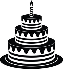 A festive three tiered birthday cake with a single lit candle on top presented in a striking black silhouette