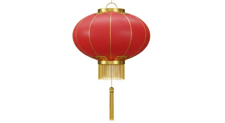 Elegant Red Chinese Lantern with Gold Accents, Isolated on White Background