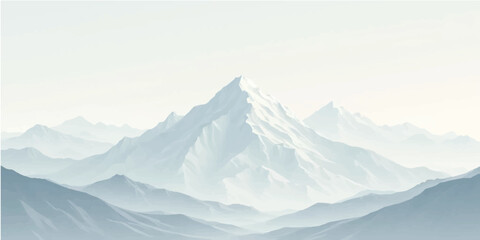 An ethereal winter landscape unfolds with snow-covered mountain peaks and glaciers under a cold, panoramic sky