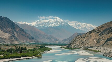 Scenic view of the Indus River, a historic waterway flowing through Pakistan and India, featuring calm waters, fertile riverbanks, traditional boats, rural villages, and lush vegetation
