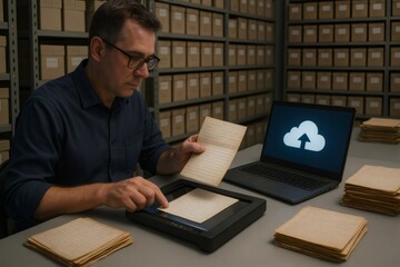 Archivist is digitizing historical documents using a scanner and uploading them to a cloud storage service