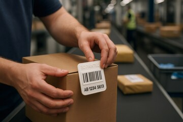 Closeup of a warehouse worker applying a 3d printed parcel tag on a cardboard box on a conveyor belt