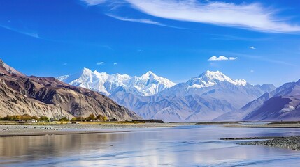 Scenic view of the Indus River, a historic waterway flowing through Pakistan and India, featuring calm waters, fertile riverbanks, traditional boats, rural villages, and lush vegetation