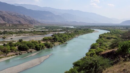 Scenic view of the Indus River, a historic waterway flowing through Pakistan and India, featuring calm waters, fertile riverbanks, traditional boats, rural villages, and lush vegetation