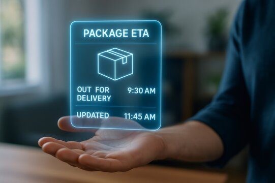 Hand holding holographic delivery tracking app with augmented reality futuristic interface, showing package out for delivery, ETA and updates