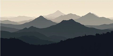 Misty mountain landscapes shrouded in morning fog and bathed in sunlight