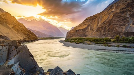 Scenic view of the Indus River, a historic waterway flowing through Pakistan and India, featuring calm waters, fertile riverbanks, traditional boats, rural villages, and lush vegetation
