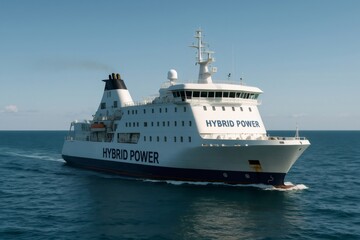 Large, eco friendly ferry powered by hybrid engines smoothly cruising on open sea under clear blue sky, demonstrating sustainable maritime transportation