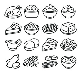 Thanksgiving feast icons set: turkey, pie, vegetables, and more