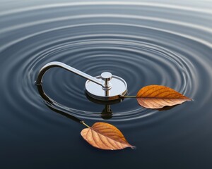 Modern filter device with a surface skimmer arm gliding silently, collecting leaves on a circular basin's immaculate water surface.